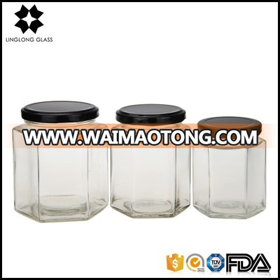 64g / 100g kitchen food hexagonal glass storage jar with stainless steel lid